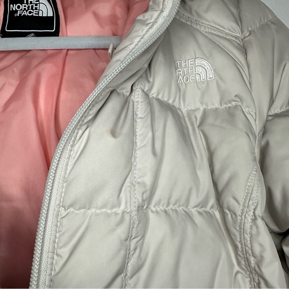 The North Face 550 Down Faux Fur Trim Hood Long Puffer Jacket Pink & Light Gray - Picture 9 of 12